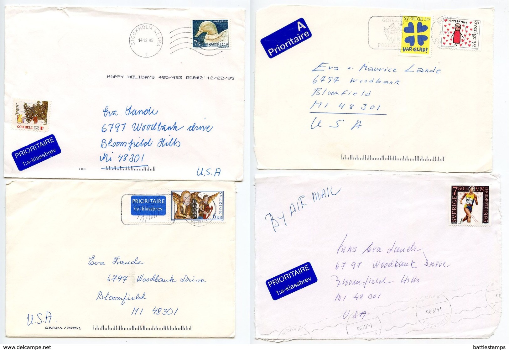 Sweden 1990‘s 5 Prioritaire Covers To Bloomfield Hills MI, Mix Of Stamps & Postmarks - Covers & Documents