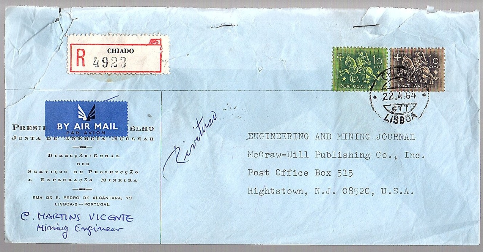 1964 R-Chiado Junta De Energia Nuclear > Mining Journal Hightstown USA Landscape Cover (286) - Lettres & Documents