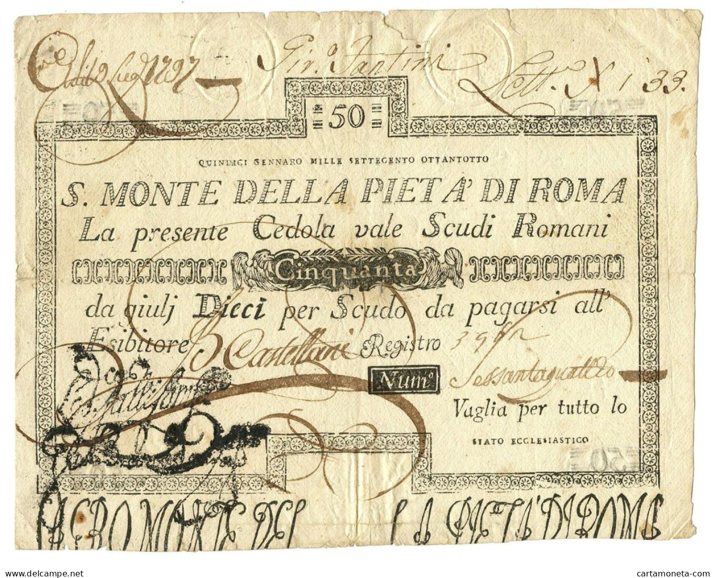 50 SCUDI CEDOLA SACRO MONTE DELLA PIETÀ DI ROMA 15/01/1788 BB - Altri & Non Classificati