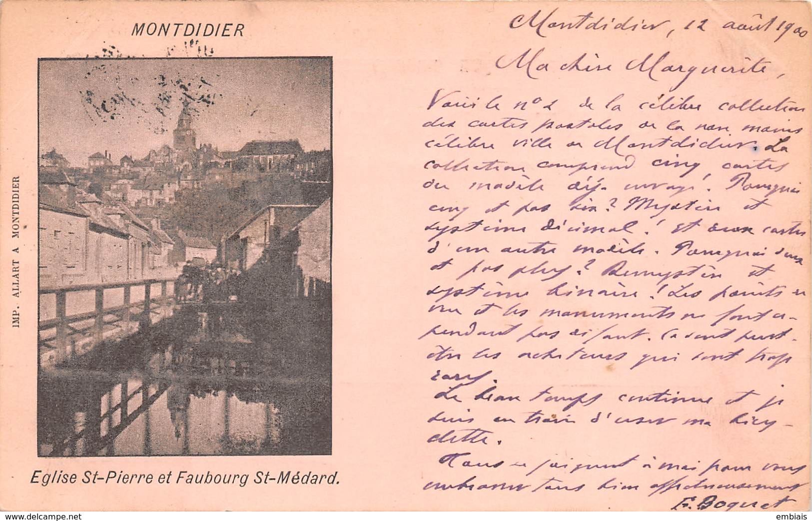 80 MONTDIDIER - Eglise St-Pierre, Statue Et Faubourg St-Médard. Carte 1900 Voyagée. - Montdidier