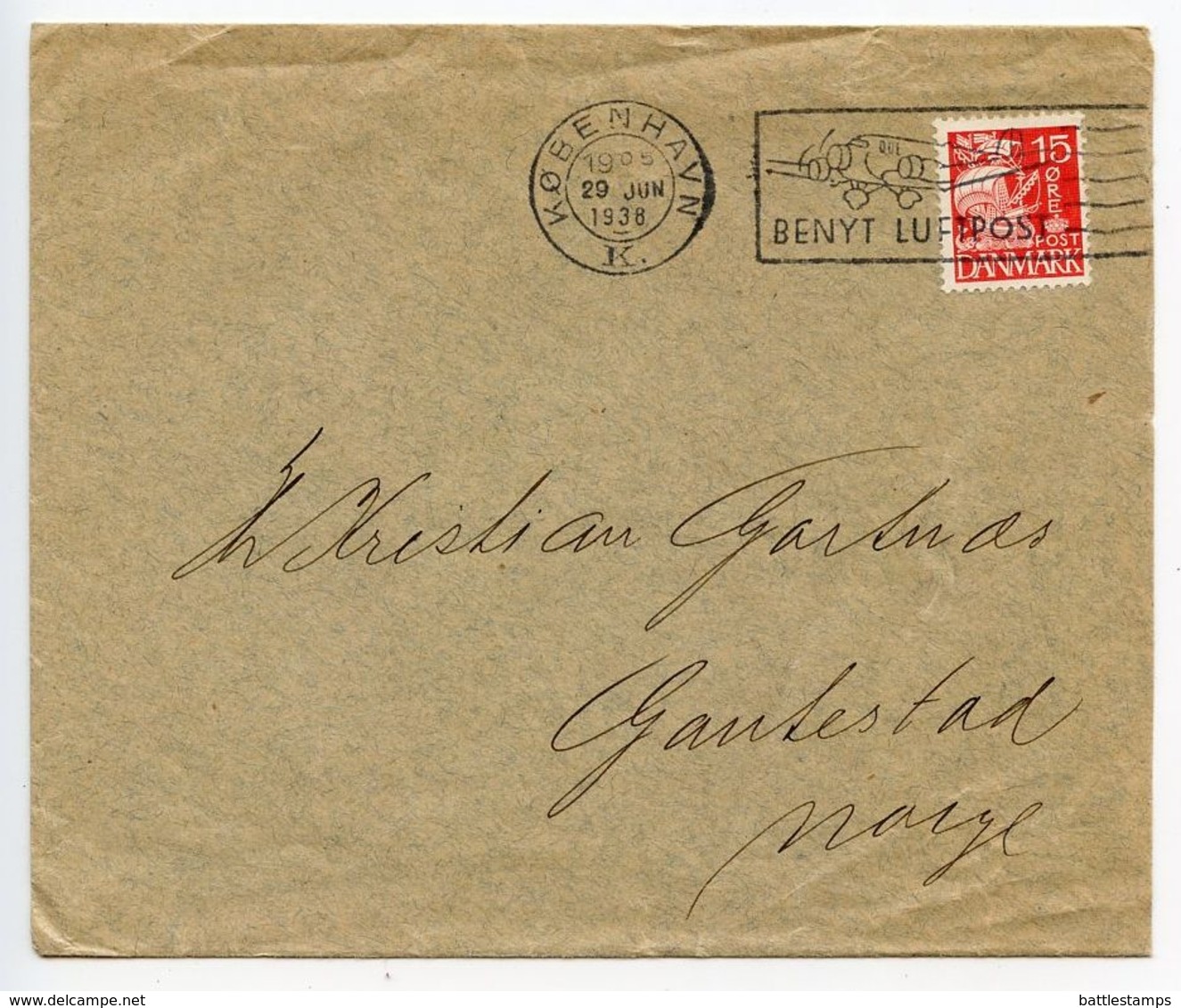 Denmark 1938 Cover København To Gautestad Norway, Benyt Luftpost Slogan Cancel - Covers & Documents