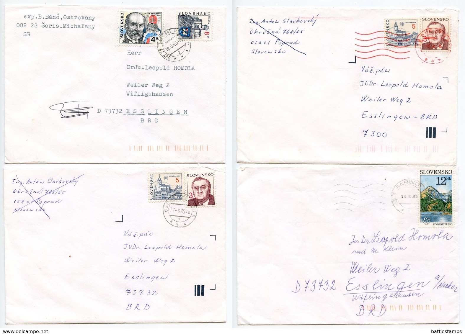 Slovakia 1990‘s 4 Covers Poprad, Sarisske Michalany & Sabinov To Esslingen Germany - Brieven En Documenten