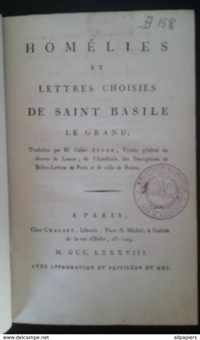 Homélies Et Lettres Choisies De Saint Basile Le Grand Par L'Abbé Auger De 1788 - 1701-1800