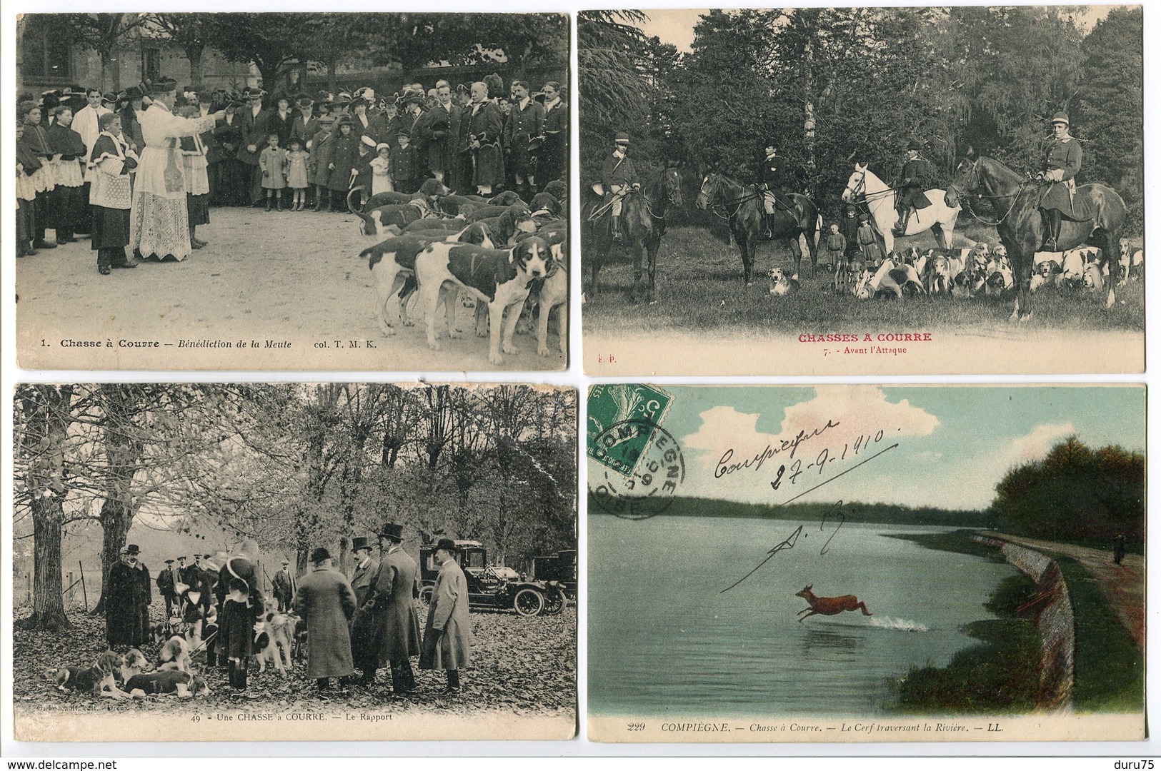 LOT 4 CPA Chasse à Courre Bénédiction Meute / Avant L'Attaque / Le Rapport / Compiègne Cerf Traversant La Rivière - Chasse