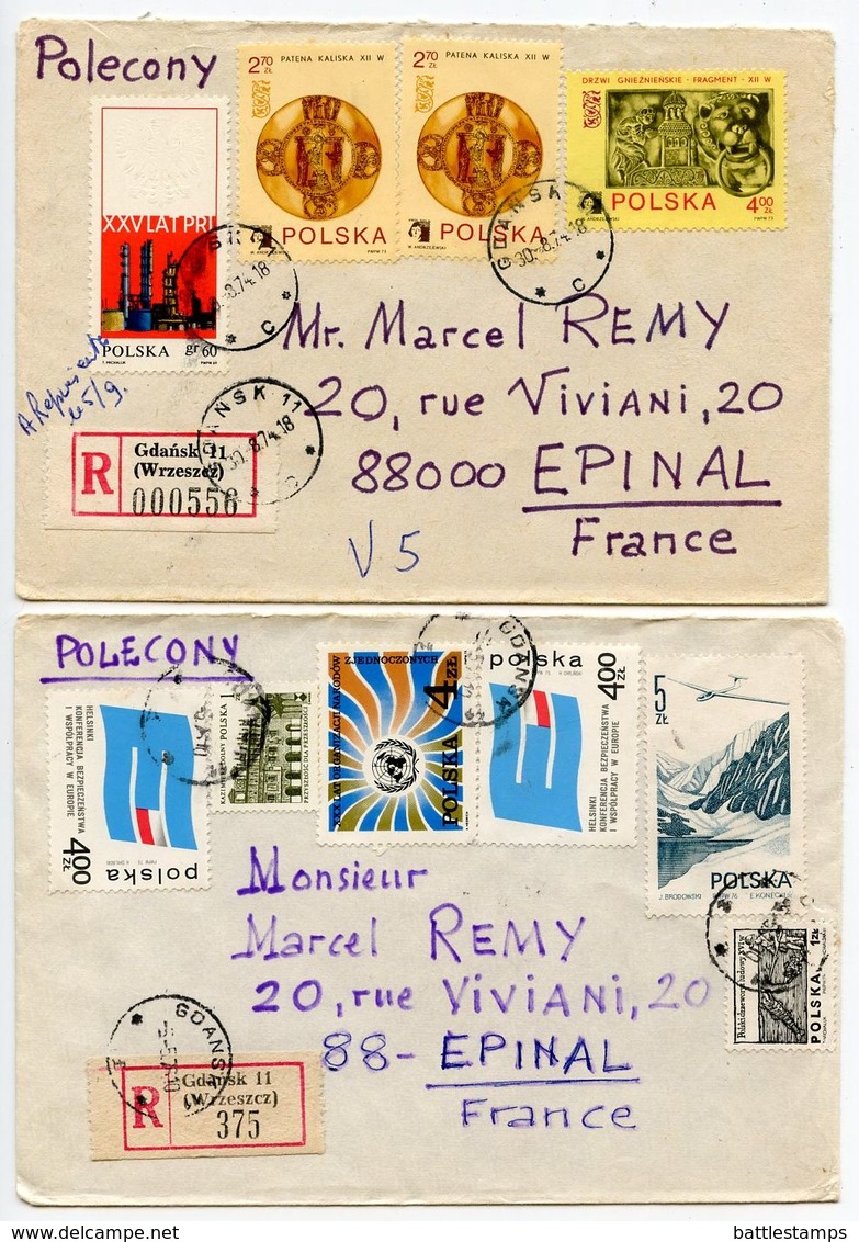 Poland 1974/1976 2 Registered Covers Gdansk To Epinal France, Mix Of Stamps - Covers & Documents