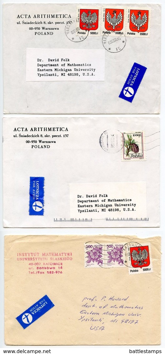 Poland 1990 3 Airmail Covers Warsaw & Katowice To Ypsilanti Michigan, Mix Of Stamps - Covers & Documents