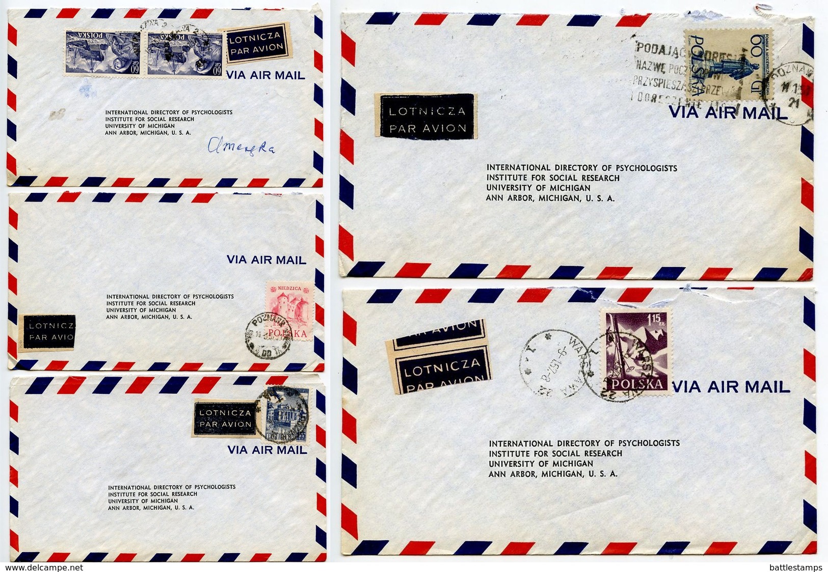 Poland 1957 5 Airmail Covers Warsaw & Poznań To Ann Arbor MI, Mix Of Stamps - Covers & Documents