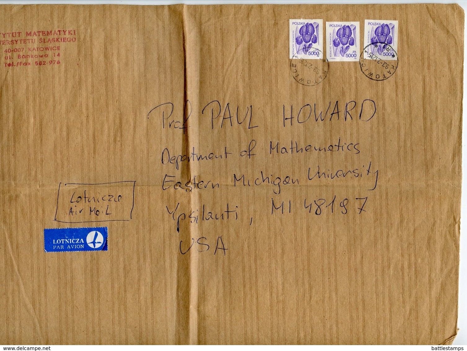 Poland 1993 2 Airmail Covers Katowice To Ypsilanti Michigan, Scott 2979 Iris Flowers - Covers & Documents