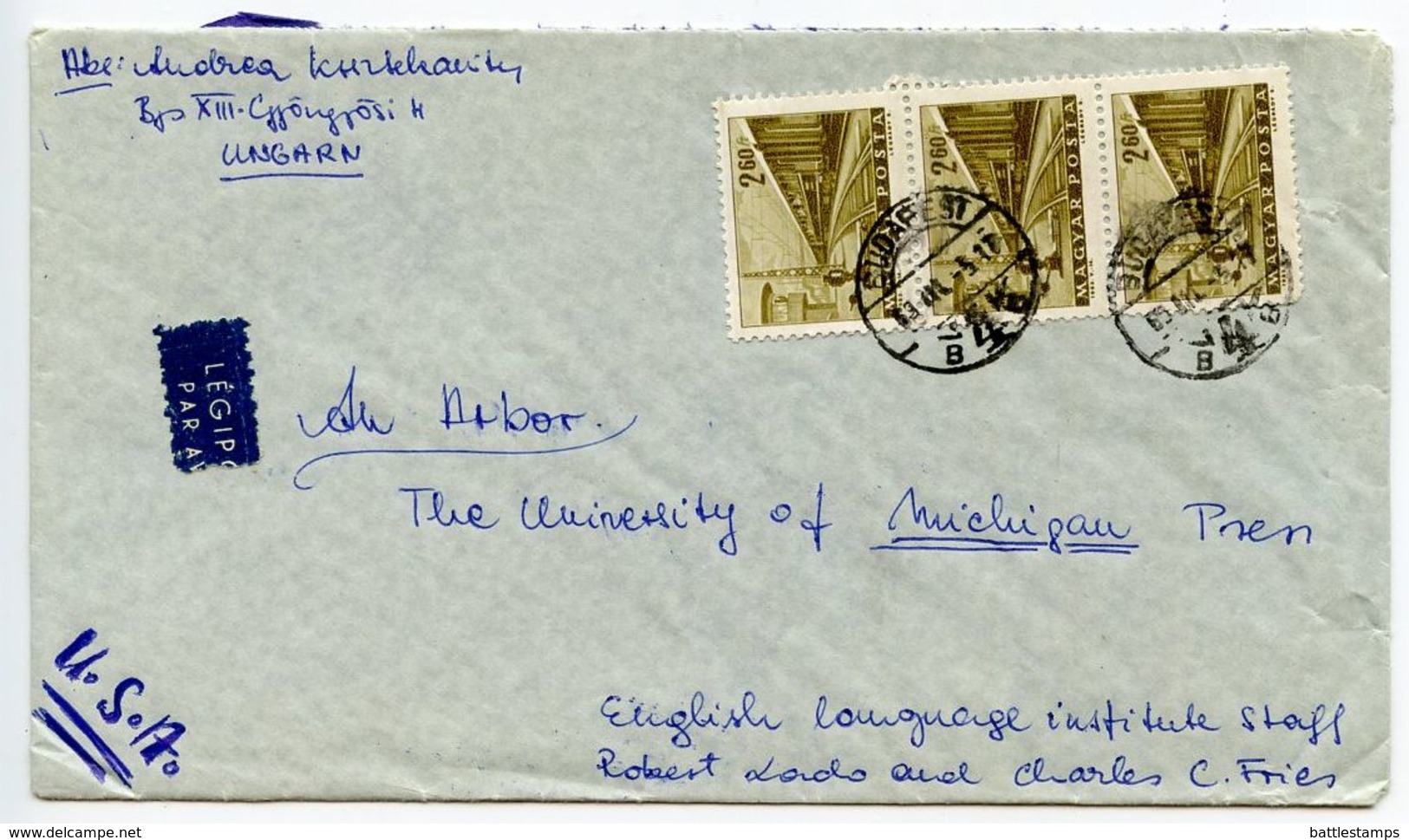 Hungary 1969 Airmail Cover Budapest To Ann Arbor MI, Scott 1522 Train X 3 - Covers & Documents