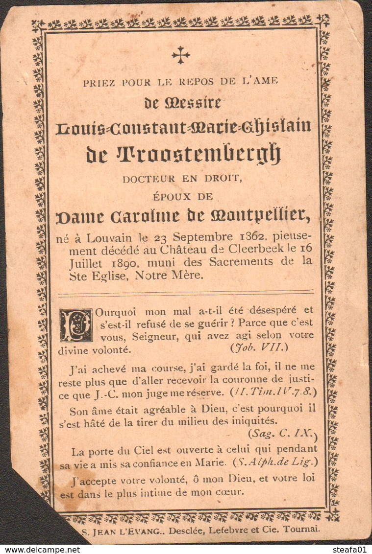 Leuven,Château De Cleerbeek Doodsprent Louis Constant De Troostenbergh, 1890, Collectors! - Esquela