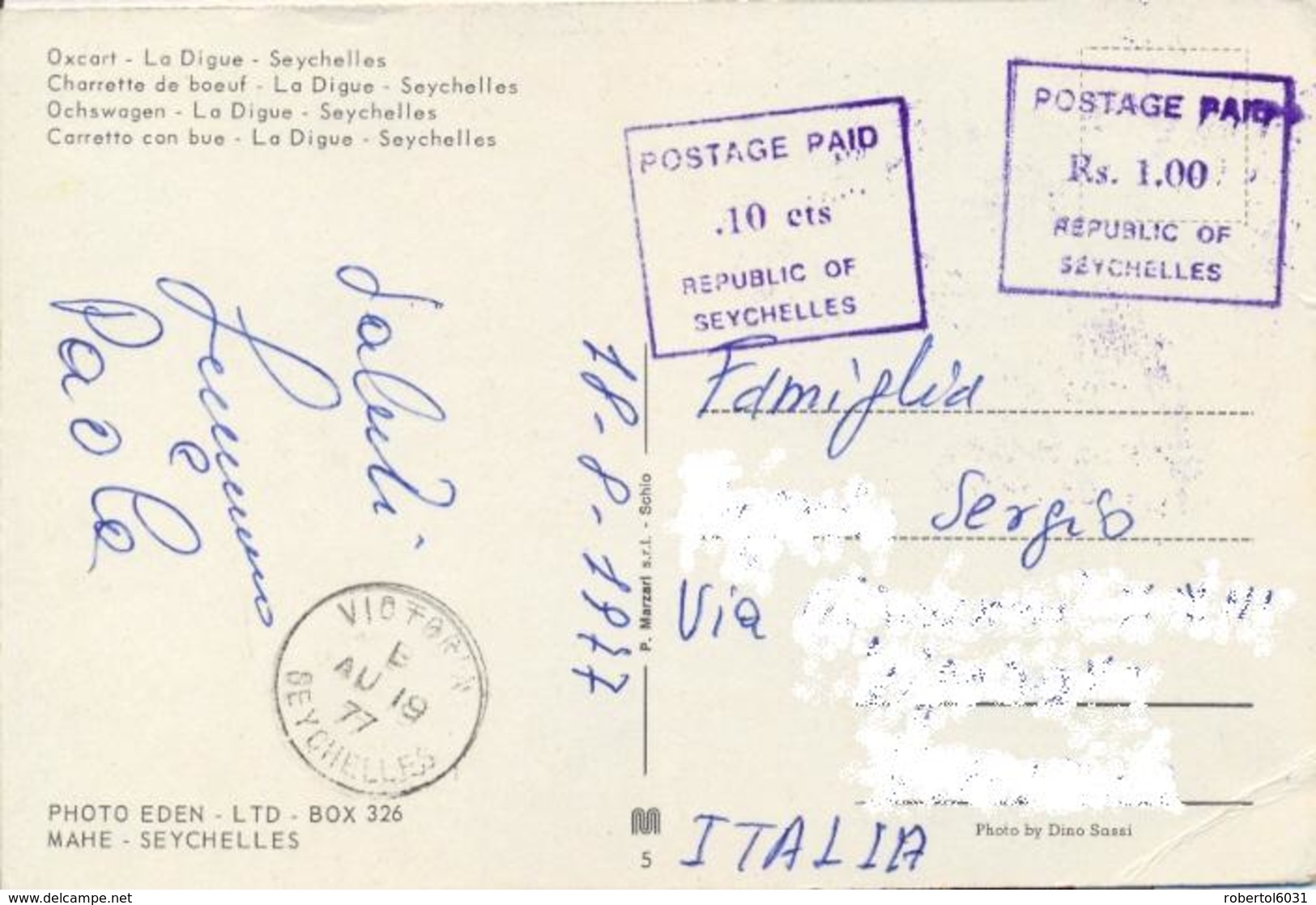 Seychelles 1977 Picture Postcard To Italy With Handstamps Postage Paid 10 C. + 1 Rs. - Seychelles (1976-...)
