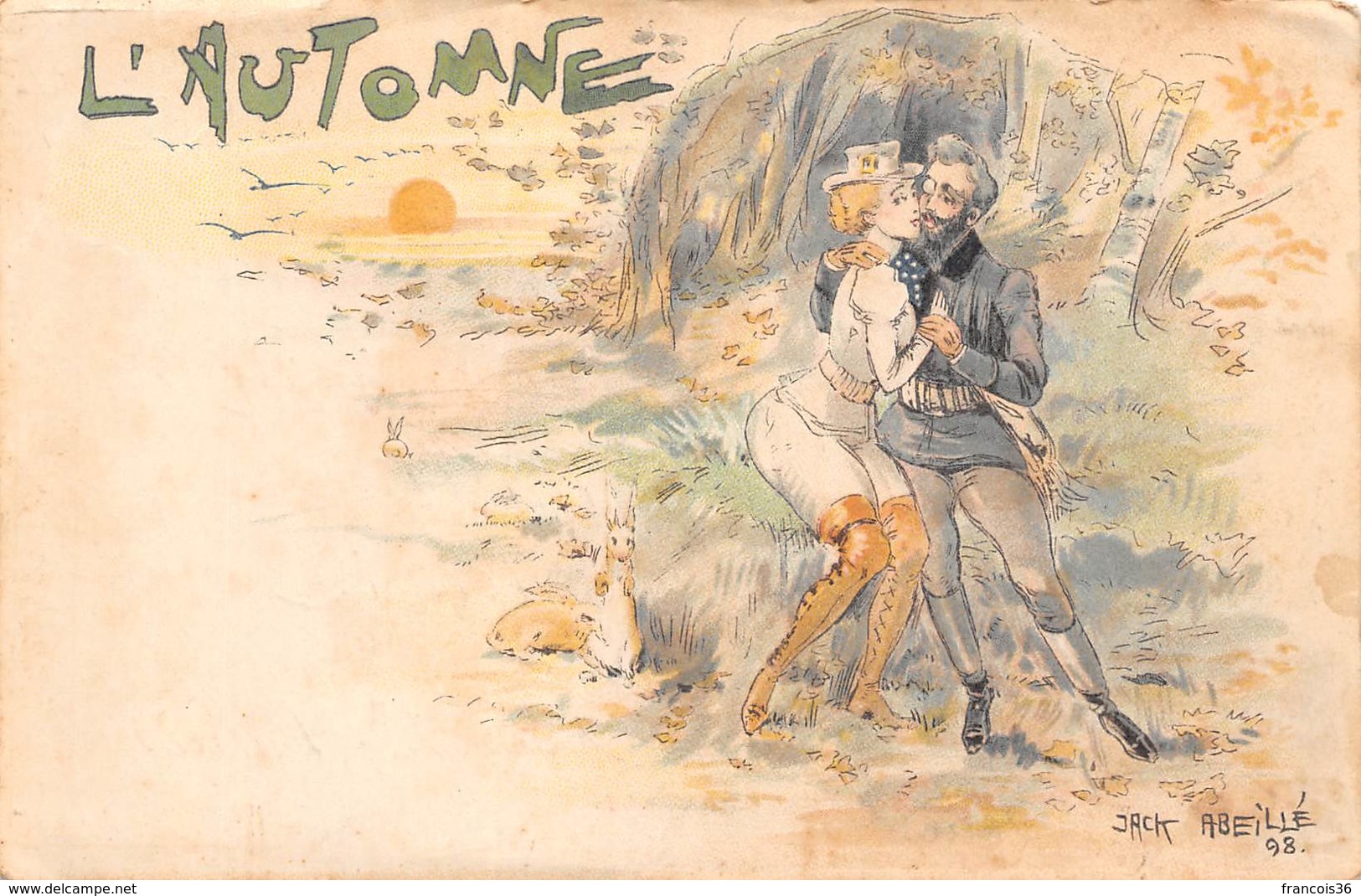 Illustration Illustrateur Jack Abeillé - 1898 - L'automne - Couple Chasseurs & Lapins - Autres & Non Classés