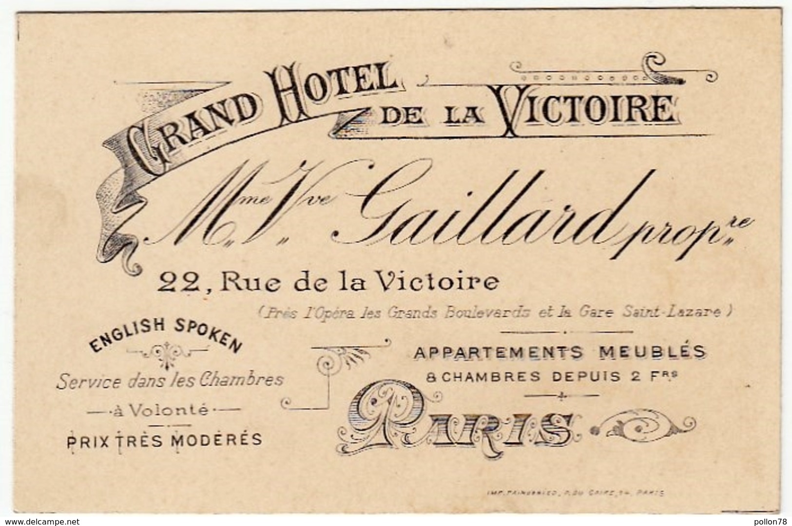 CARTONCINO - BIGLIETTO DA VISITA - GRAND HOTEL DE LA VICTOIRE - PARIS - Vedi Retro - Cartoncini Da Visita