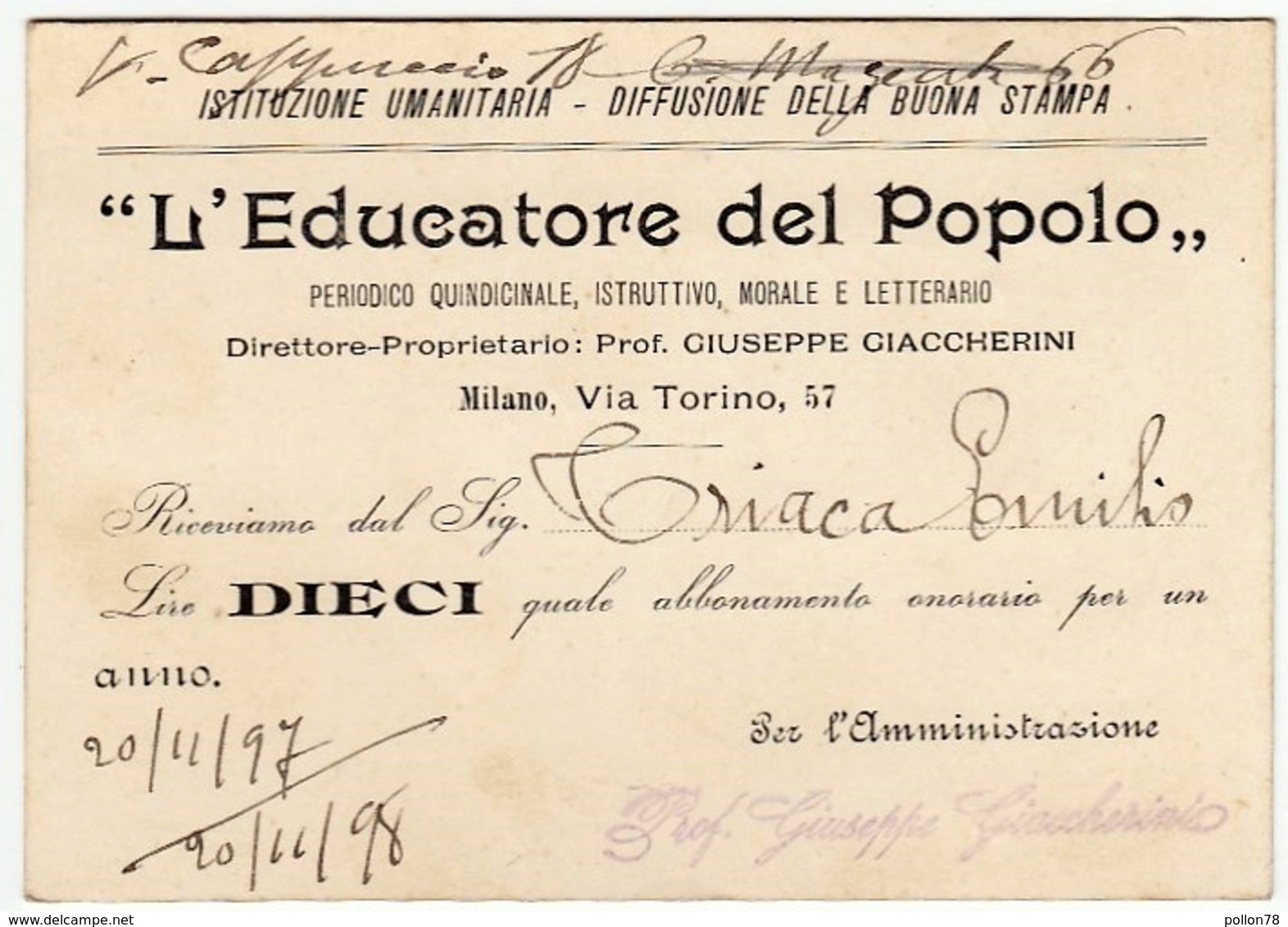 CARTONCINO - RICEVUTA - BIGLIETTO DA VISITA - L'EDUCATORE DEL POPOLO - MILANO - 1898 - Vedi Retro - Cartoncini Da Visita