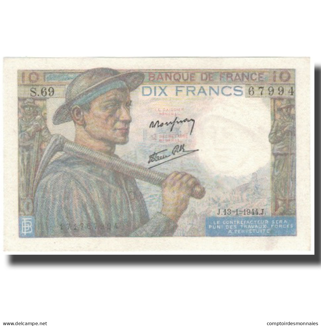 France, 10 Francs, Mineur, 1944, 1944-01-13, SUP+, Fayette:8.10, KM:99e - 10 F 1941-1949 ''Mineur''