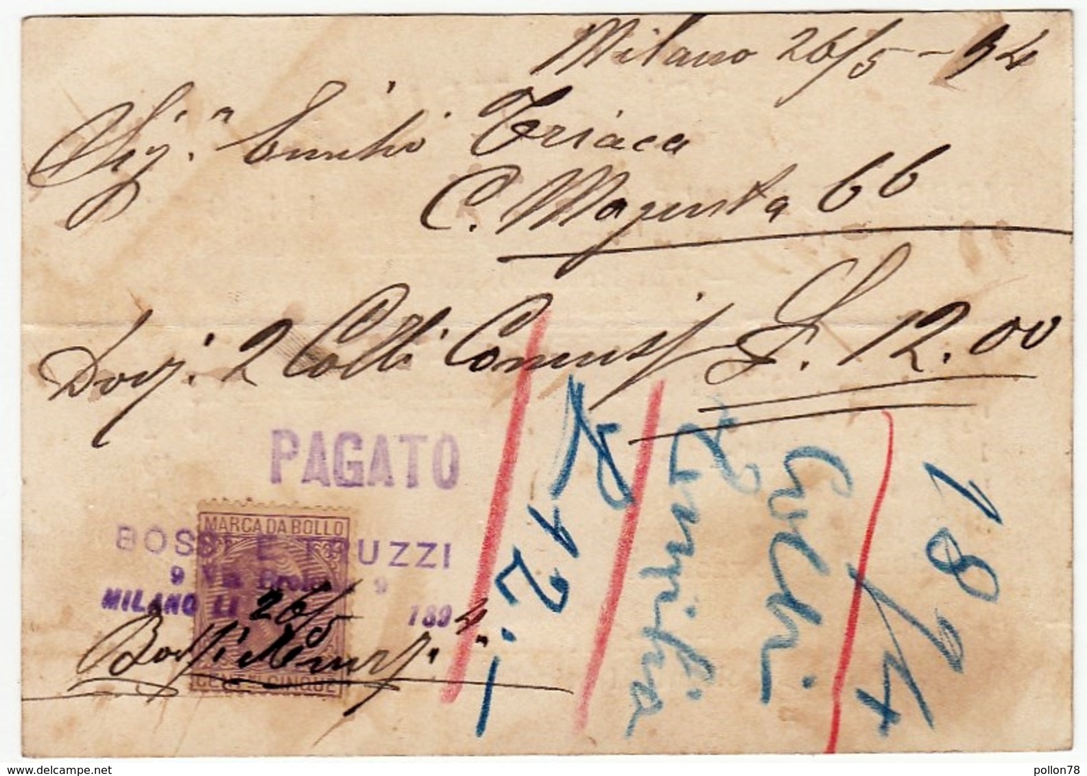 CARTONCINO - RICEVUTA - BIGLIETTO DA VISITA - BOSSI E TRUZZI - MILANO - 1894 - Vedi Retro - Cartoncini Da Visita