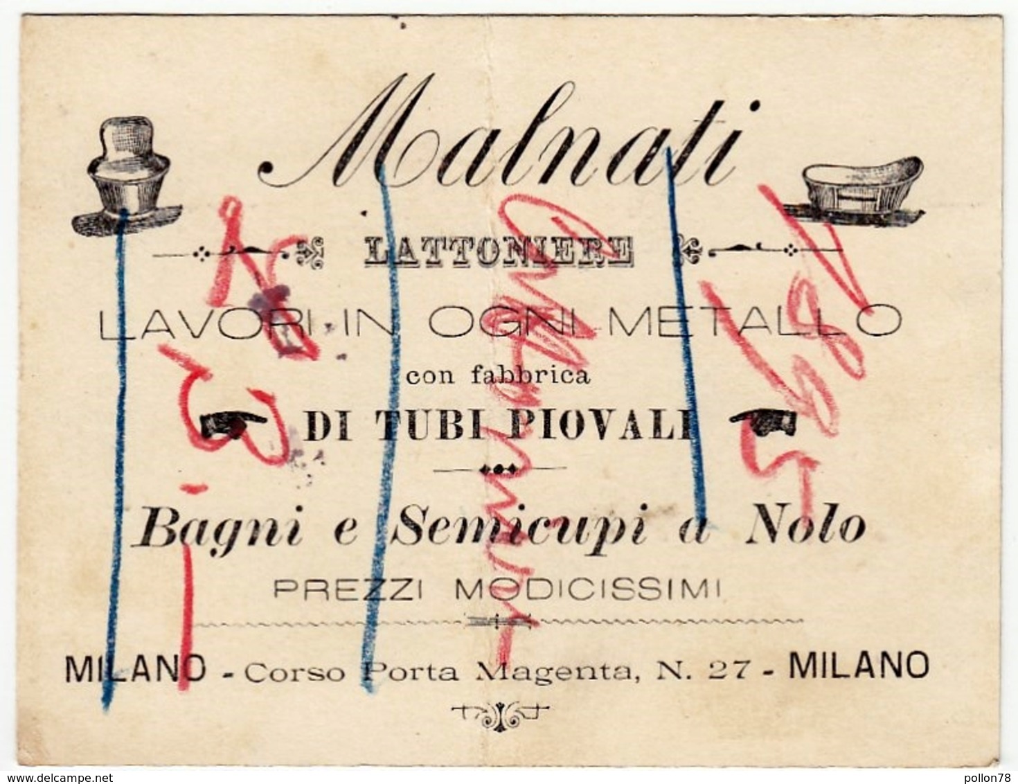 CARTONCINO - RICEVUTA - BIGLIETTO DA VISITA - MALNATI - LATTONIERE - MILANO - 189? - Vedi Retro - Cartoncini Da Visita