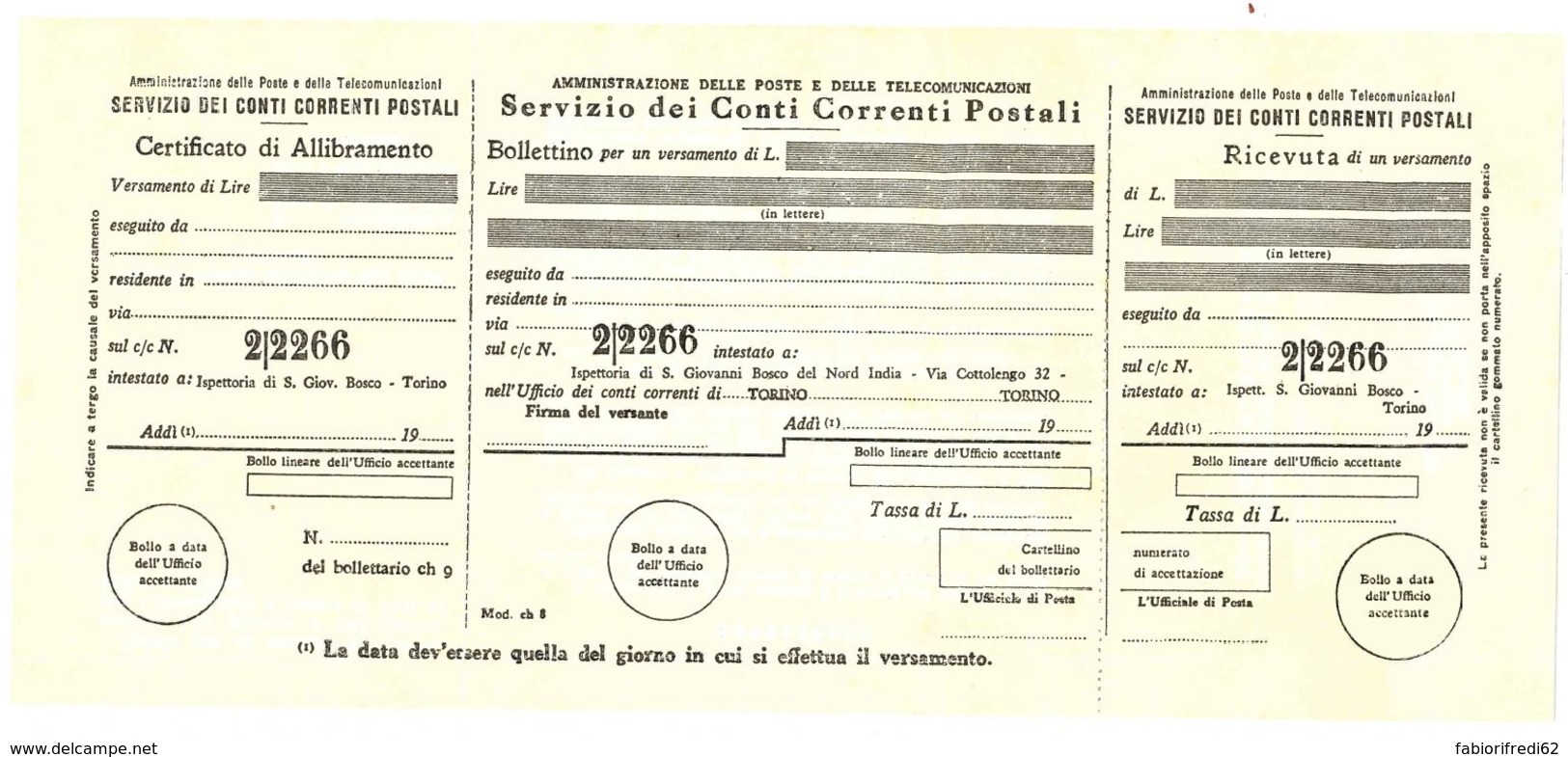 VECCHIO BOLLETTINO POSTALE NUOVO INTESTATO ISPETTORIA DI S.GIOVANNI BOSCO DEL NORD INDIA (RL194 - Italia