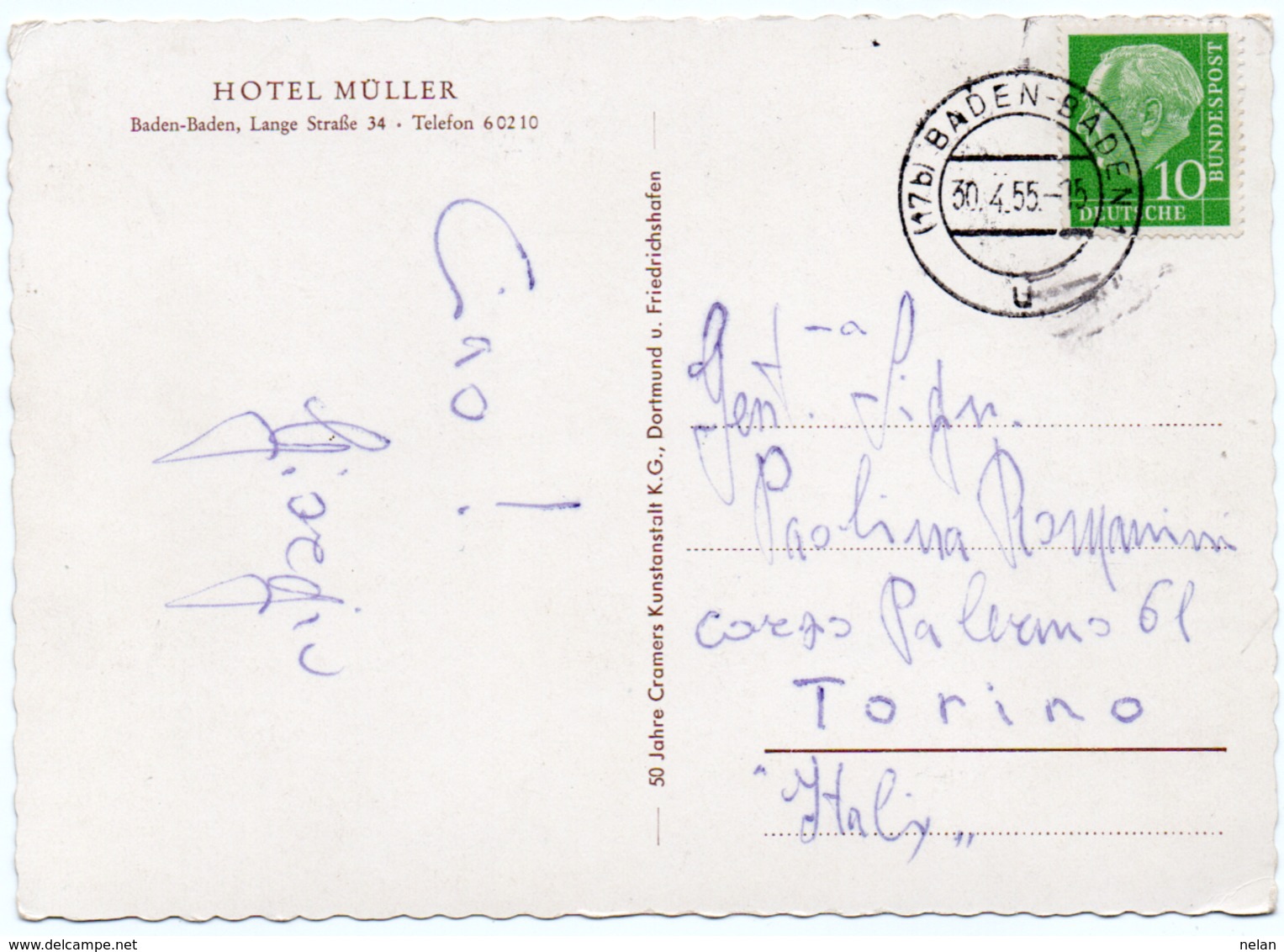 HOTEL MULLER- VIAGGIATA 1955  -F.G - Baden-Baden