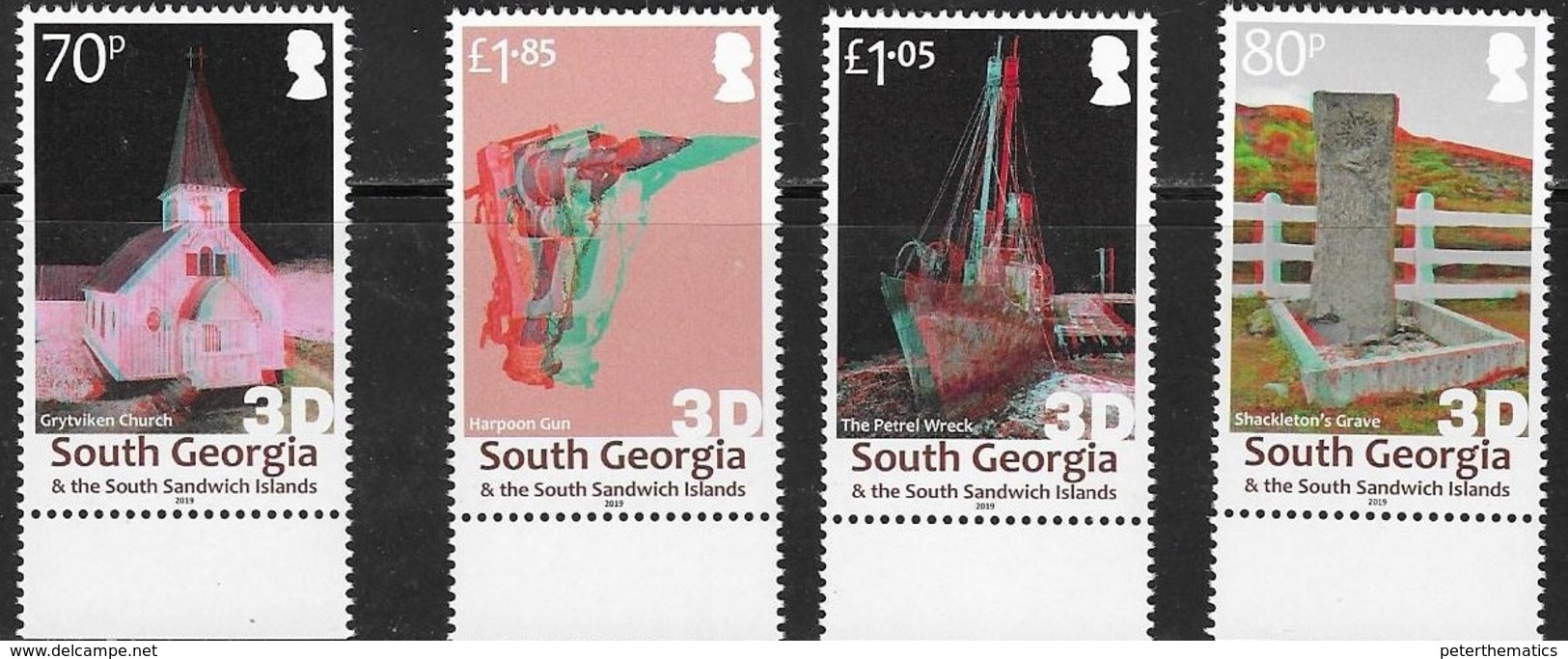 SOUTH GEORGIA, 2019, MNH, 3D STAMPS, CHURCHES, SHIPS, WHALING, HARPOONS, SHACKLETON'S GRAVE,4v - Chiese E Cattedrali
