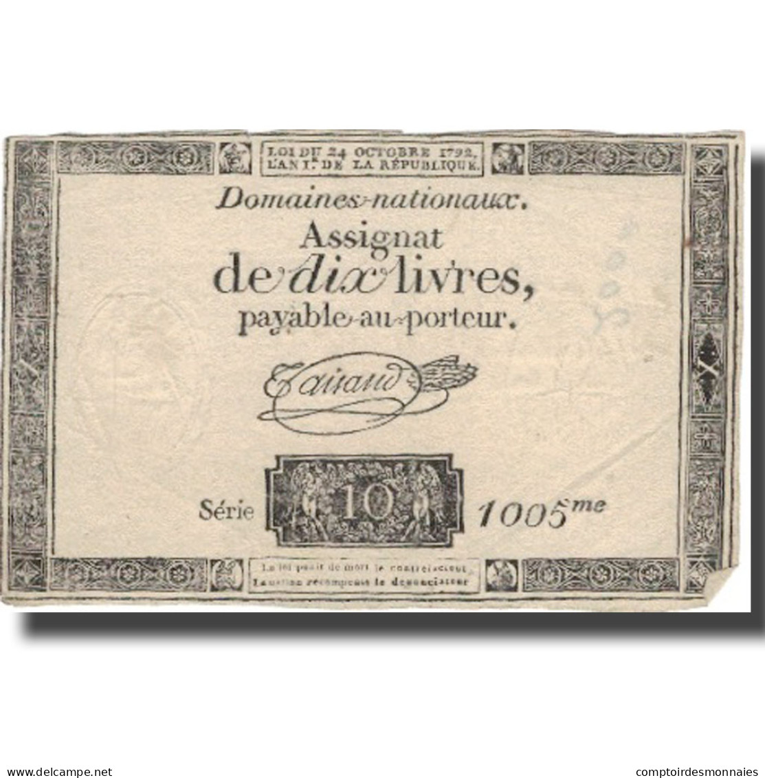 France, 10 Livres, 1792, 1792-10-24, TTB, KM:A66a - Assignats