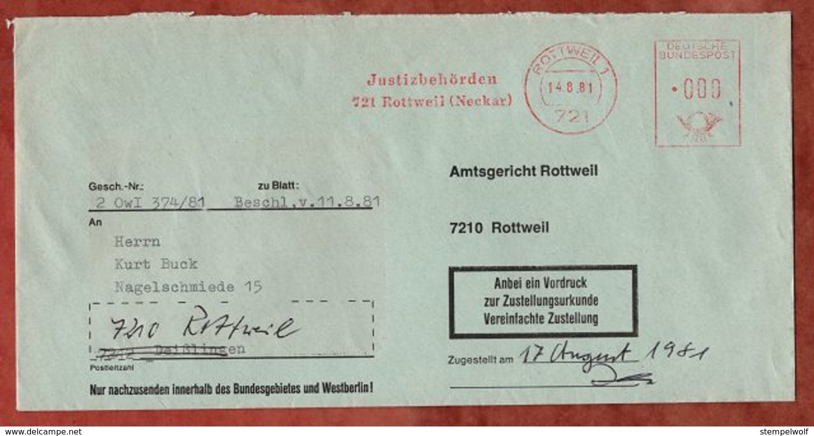 Zustellungsurkunde, Absenderfreistempel, Justizbehoerden, 0 Pfg, Rottweil 1981 (75360) - Maschinenstempel (EMA)