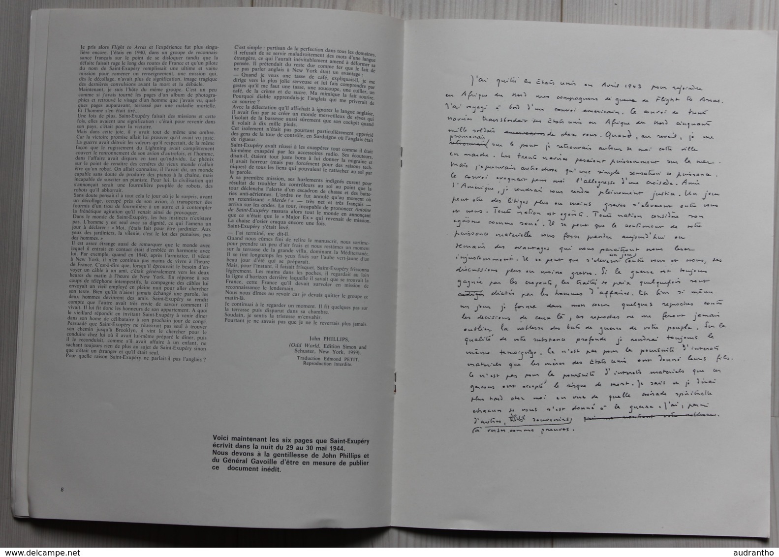 livret aviateur Antoine de Saint Exupéry inédits 1973 dédicace Général René Gavoille polytechnique Air France aviation