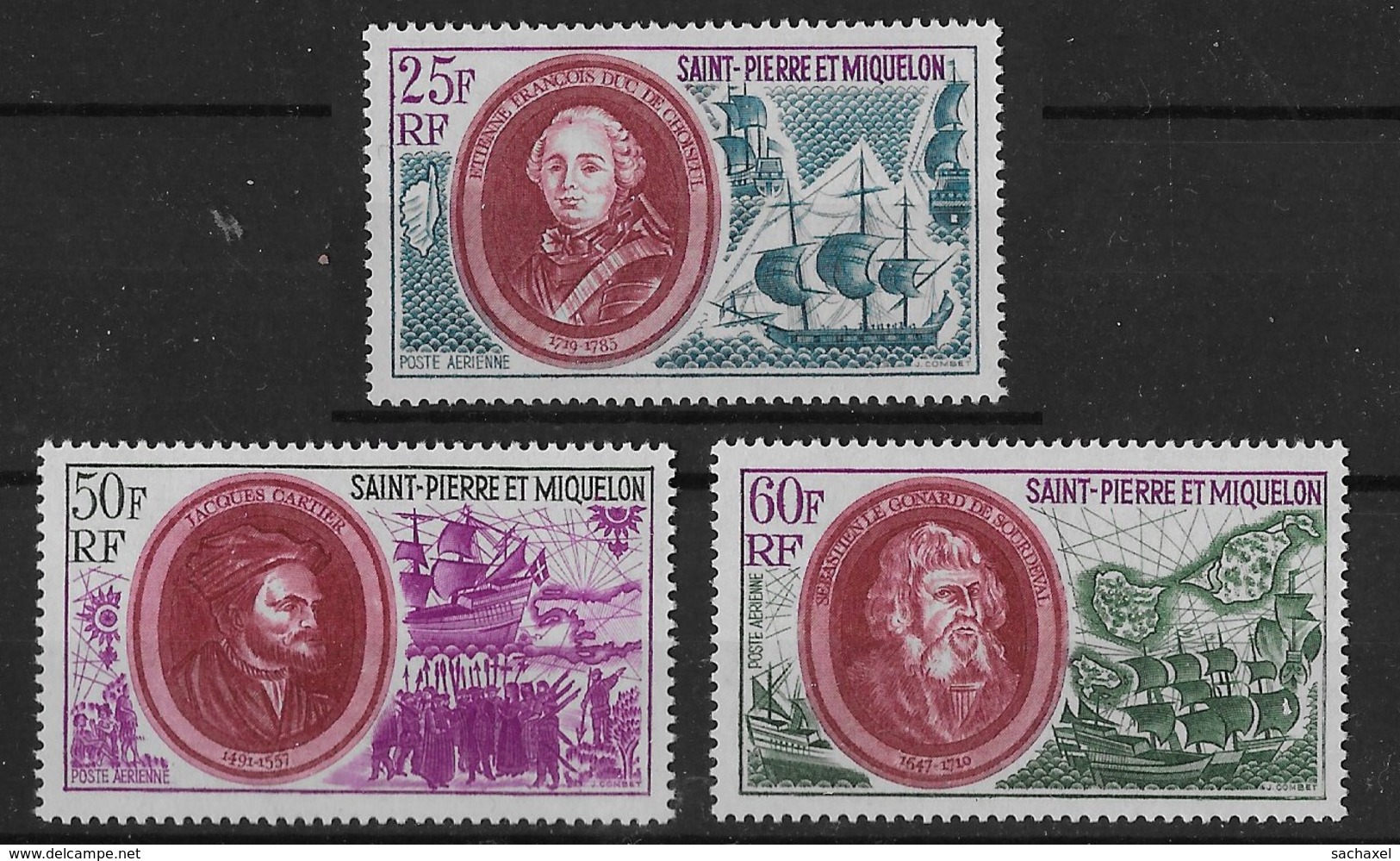 1970  Saint Pierre Et Miquelon N° PA 50 à 52 Nf*  MLH . Poste Aérienne. Personnages : Duc De Choiseul, Cartier,Le Gonard - Ungebraucht