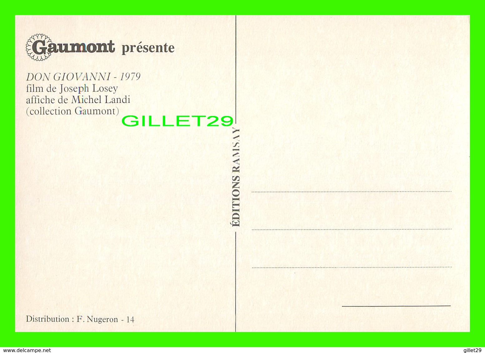 AFFICHES DE CINÉMA - " DON GIOVANNI " - FILM DE JOSEPH LOSEY, 1979 - F. NUGERON - GAUMONT PRÉSENTE - EDIT, RAMSAY - - Affiches Sur Carte