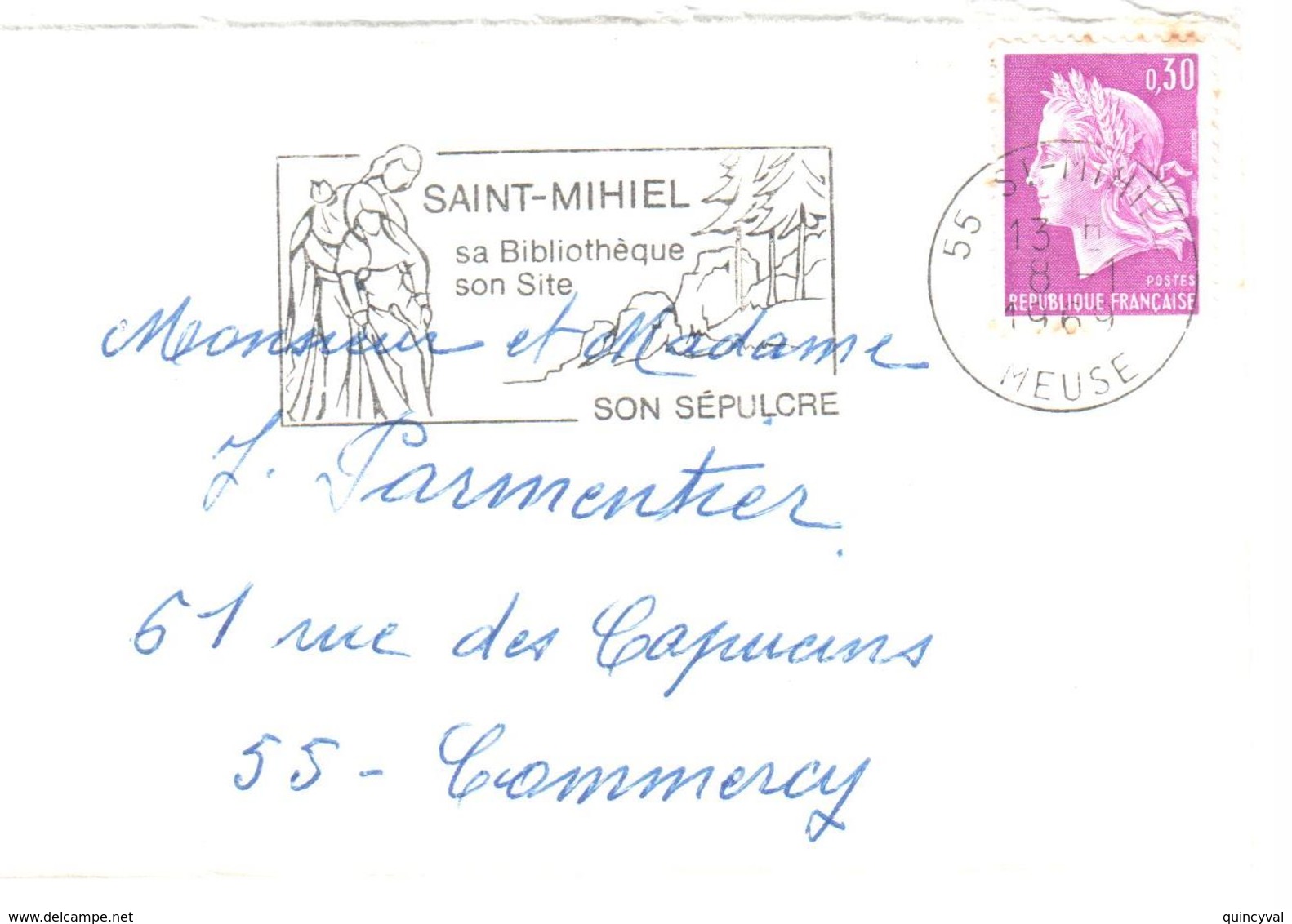 St MIHIEL Meuse Carte De Visite Mignonette Ob Méca Illustrée SEPULCRE Bibliothèque 30c Marianne Cheffer Yv 1536 Ob 1969 - Storia Postale