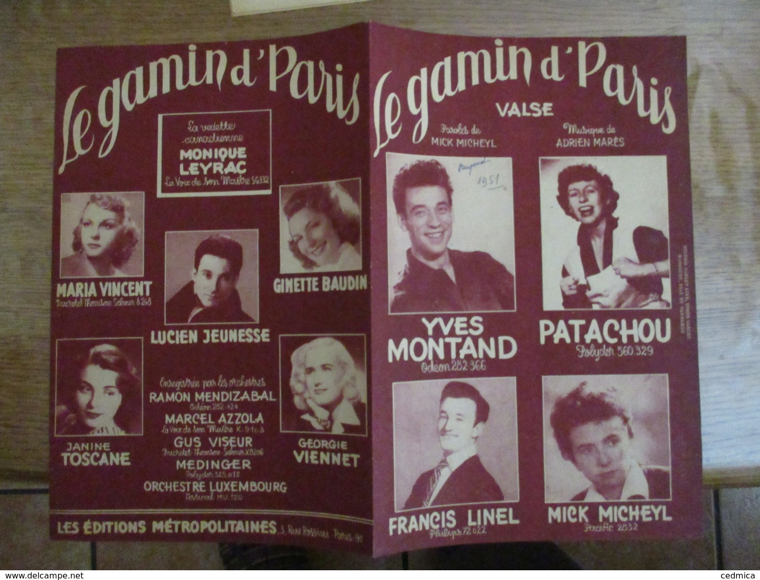 LE GAMIN D'PARIS  YVES MONTAND,PATACHOU,FRANCIS LINEL,MICK MICHEYL PAROLES DE MICK MICHEYL MUSIQUE DE ADRIEN MARES 1951 - Scores & Partitions