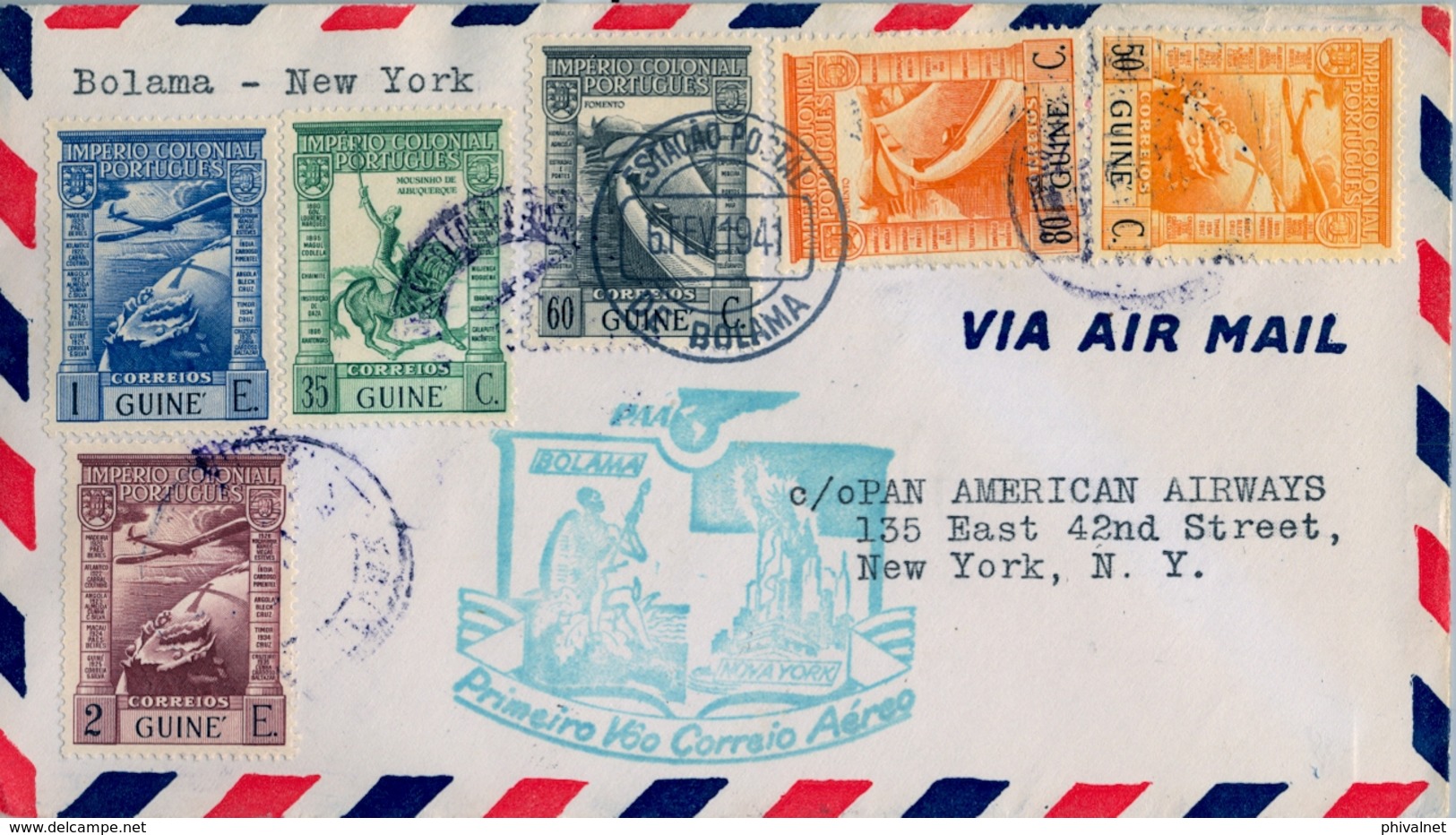 1941 , GUINEA PORTUGUESA , PAN AMERICAN AIRWAYS - PRIMER VUELO BOLAMA - NEW YORK , LLEGADA AL DORSO - Portugiesisch-Guinea