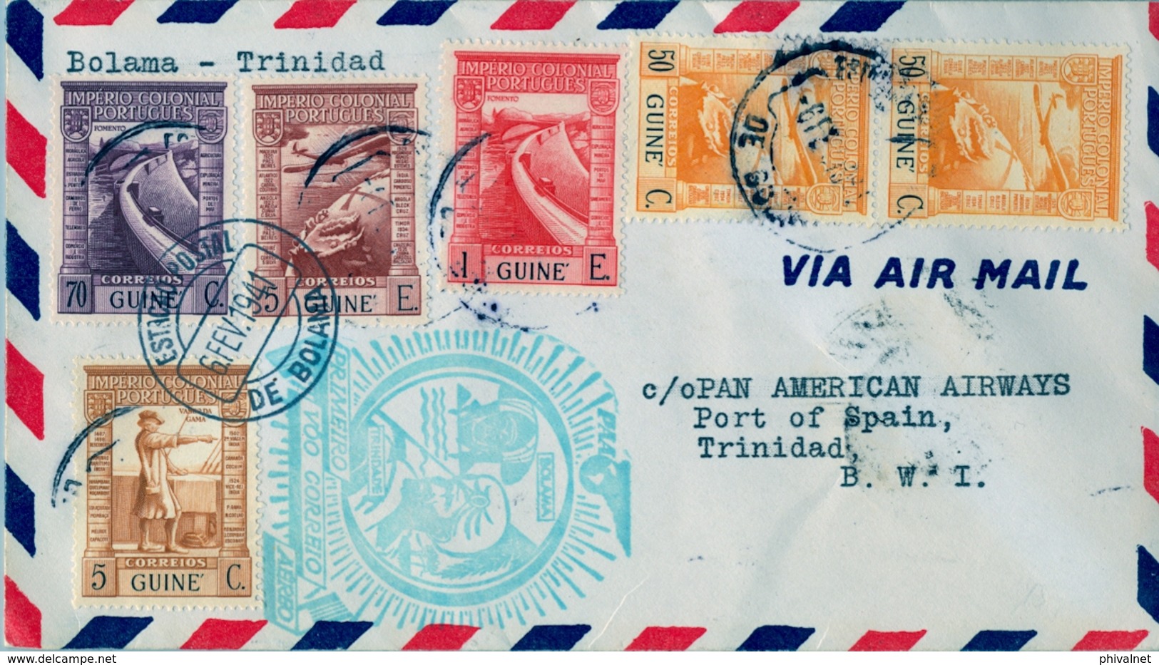 1941 , GUINEA PORTUGUESA , PAN AMERICAN AIRWAYS - PRIMER VUELO BOLAMA - TRINIDAD , LLEGADA AL DORSO - Guinée Portugaise