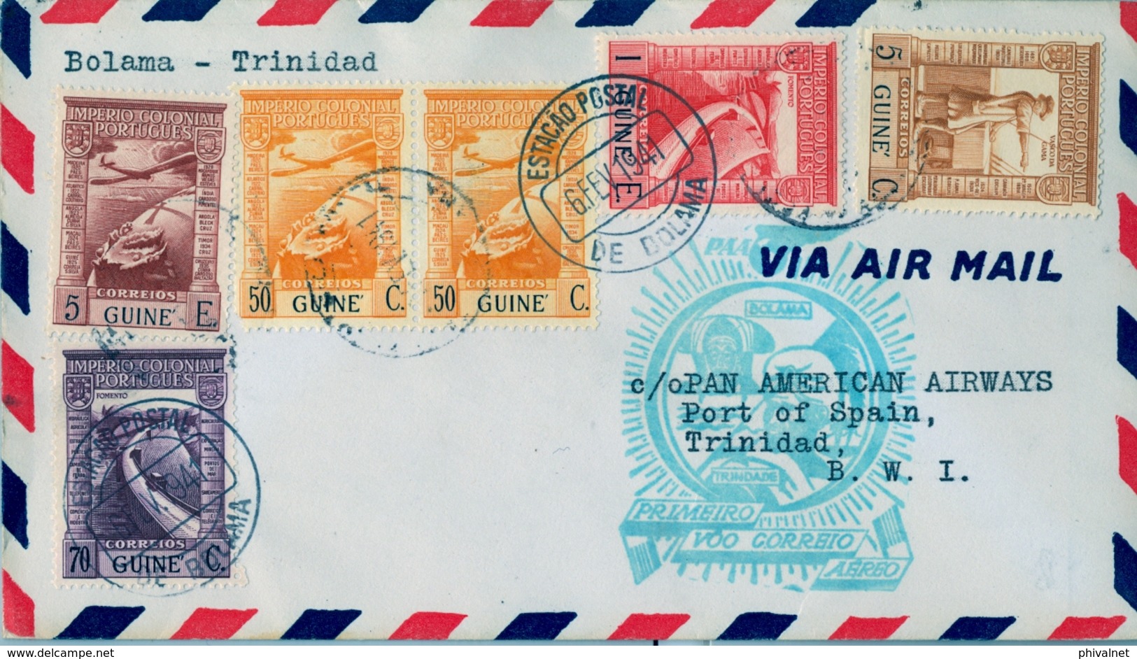 1941 , GUINEA PORTUGUESA , PAN AMERICAN AIRWAYS - PRIMER VUELO BOLAMA - TRINIDAD , LLEGADA AL DORSO - Guinea Portuguesa