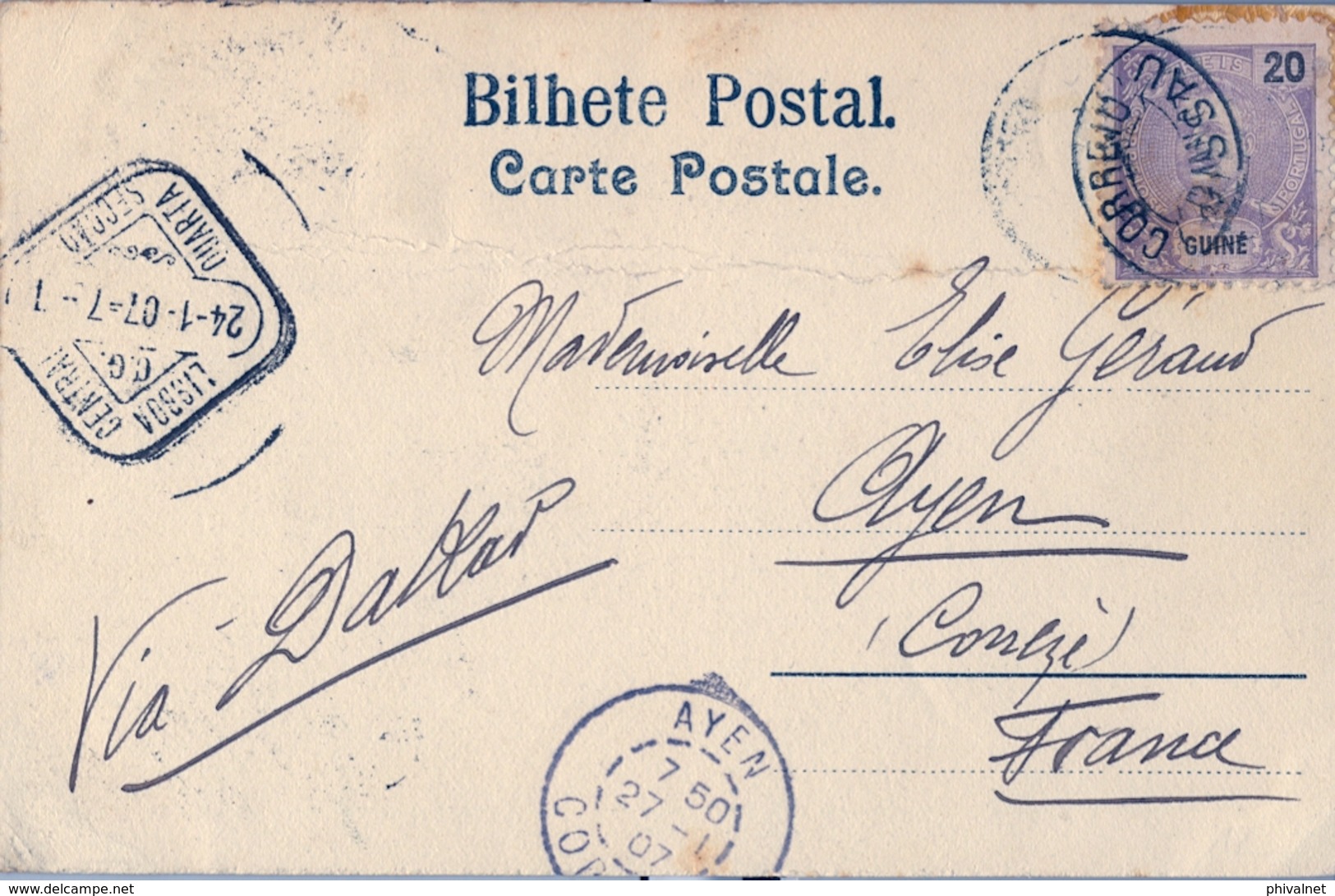 1907 , GUINEA PORTUGUESA , TARJETA POSTAL CIRCULADA BISSAU - AYEN , TRÁNSITO LISBOA , LLEGADA, VILLA DE BISSAU - Portugees Guinea