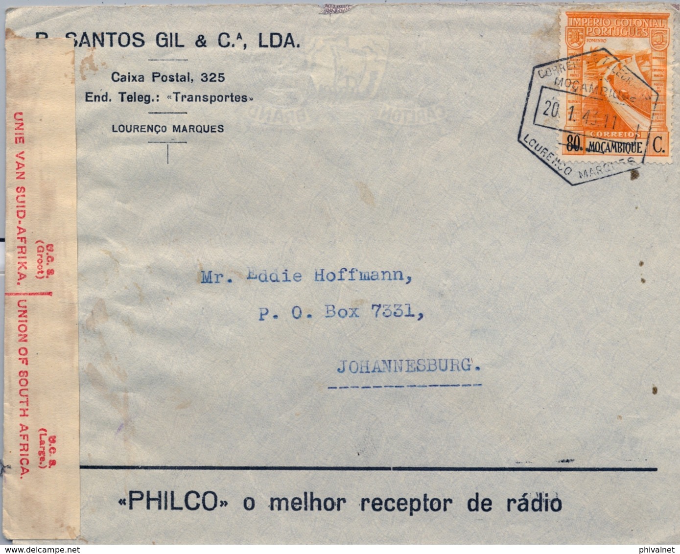 1943 LOURENÇO MARQUÉS , SOBRE COMERCIAL CIRCULADO A JOHANNESBURGO , CENSURA SUDAFRICANA - Lourenzo Marques