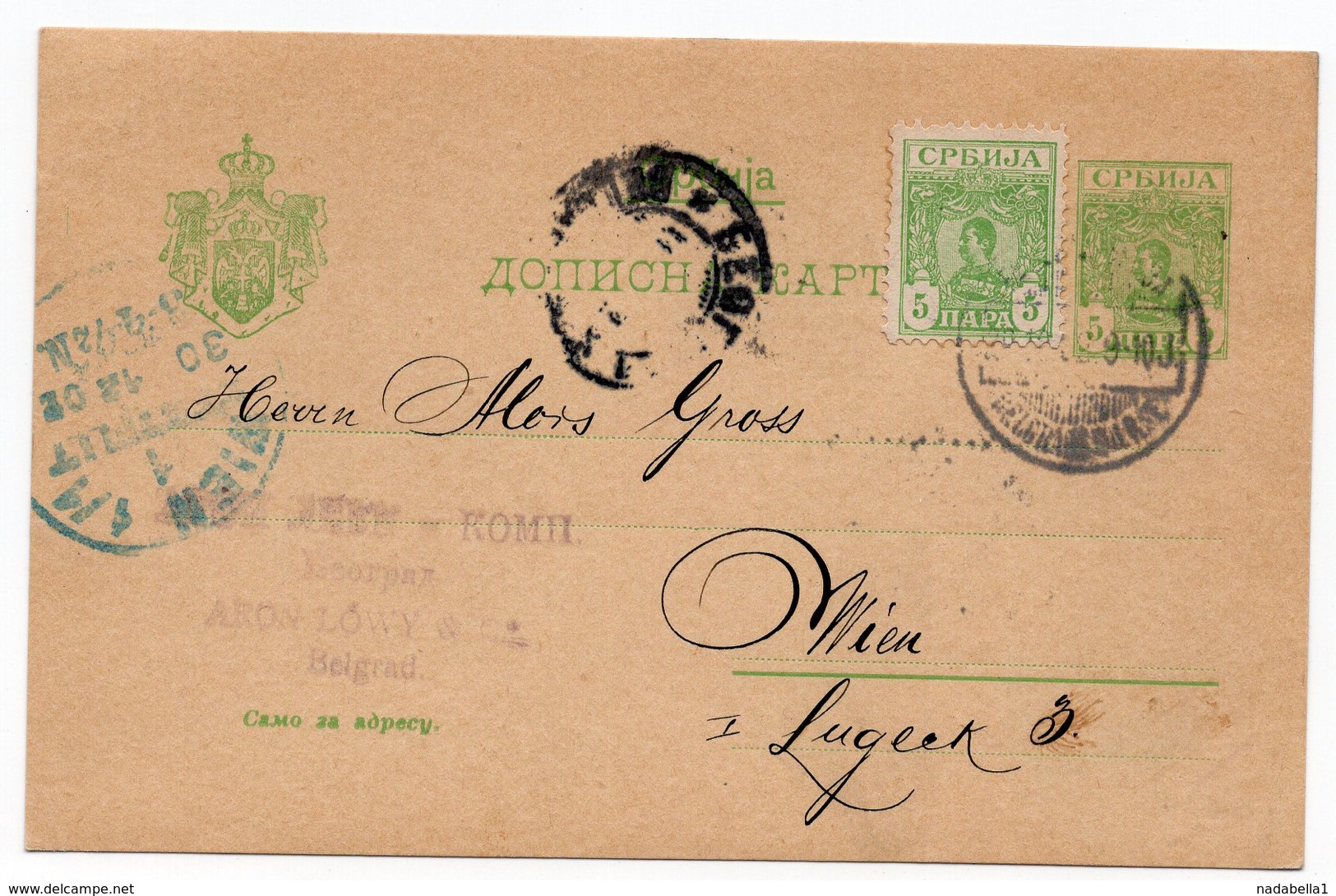 1902 SERBIA, SERBIA JUDAICA, BELGRADE TO VIENNA, ARON LOWY COMPANY FLAM, STATIONERY CARD - Serbia