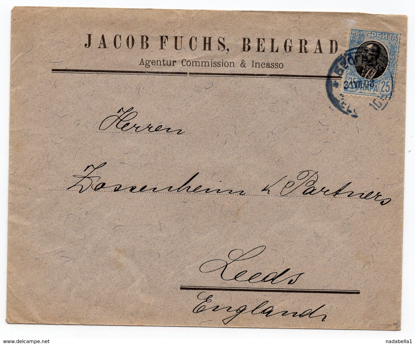 1908  SERBIA, JUDAICA, BELGRADE TO LEEDS, ENGLAND, COMPANY COVER, JACOB FUCHS, BELGRAD - Serbia