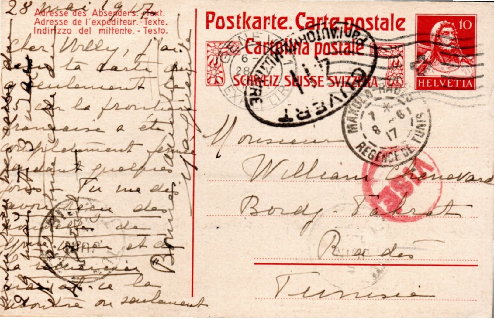 1917 - POSTE A GENEVE - CACHET DE CENSURE - CACHET POSTAL ARRIVEE REGENCE DE TUNIS - - Stamped Stationery