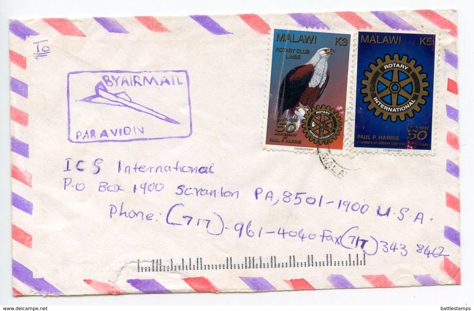 Malawi 1990‘s Airmail Cover To Scranton PA, Scott Rotary Int & 666 Eagle - Malawi (1964-...)