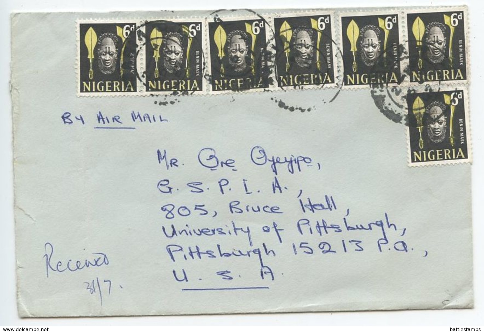 Nigeria 1967 Airmail Cover Aria To Pittsburgh PA, Scott 107 Mask X 7 - Nigeria (1961-...)