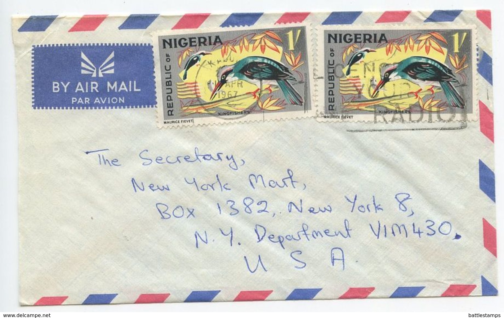 Nigeria 1967 Airmail Cover Kaduna To New York, Scott 192 Kingfishers - Nigeria (1961-...)