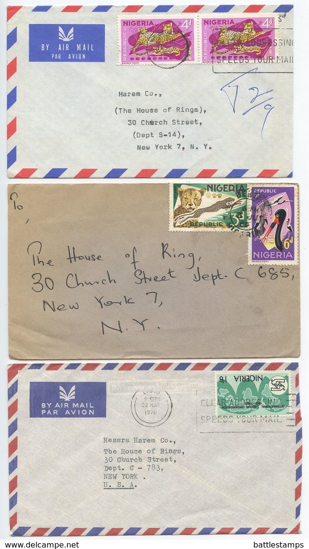 Nigeria 1969-70 3 Covers Benin City & Lagos To New York, Mix Of Stamps - Nigeria (1961-...)