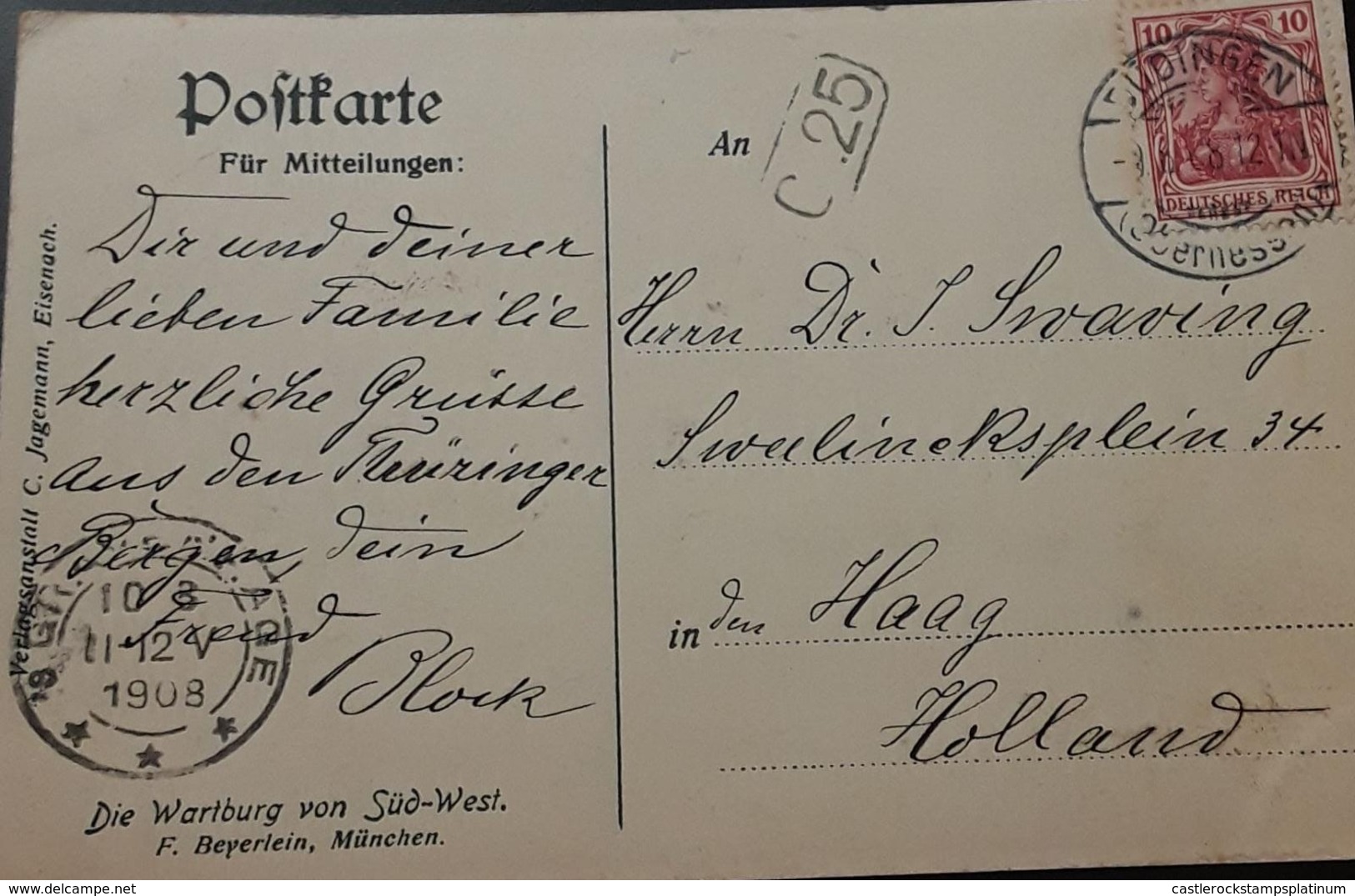 O) 1908 GERMANY, GERMANIA 10pf, THE WARTBURG OF SOUTH WEST, POSTAL CARD, XF - Other & Unclassified