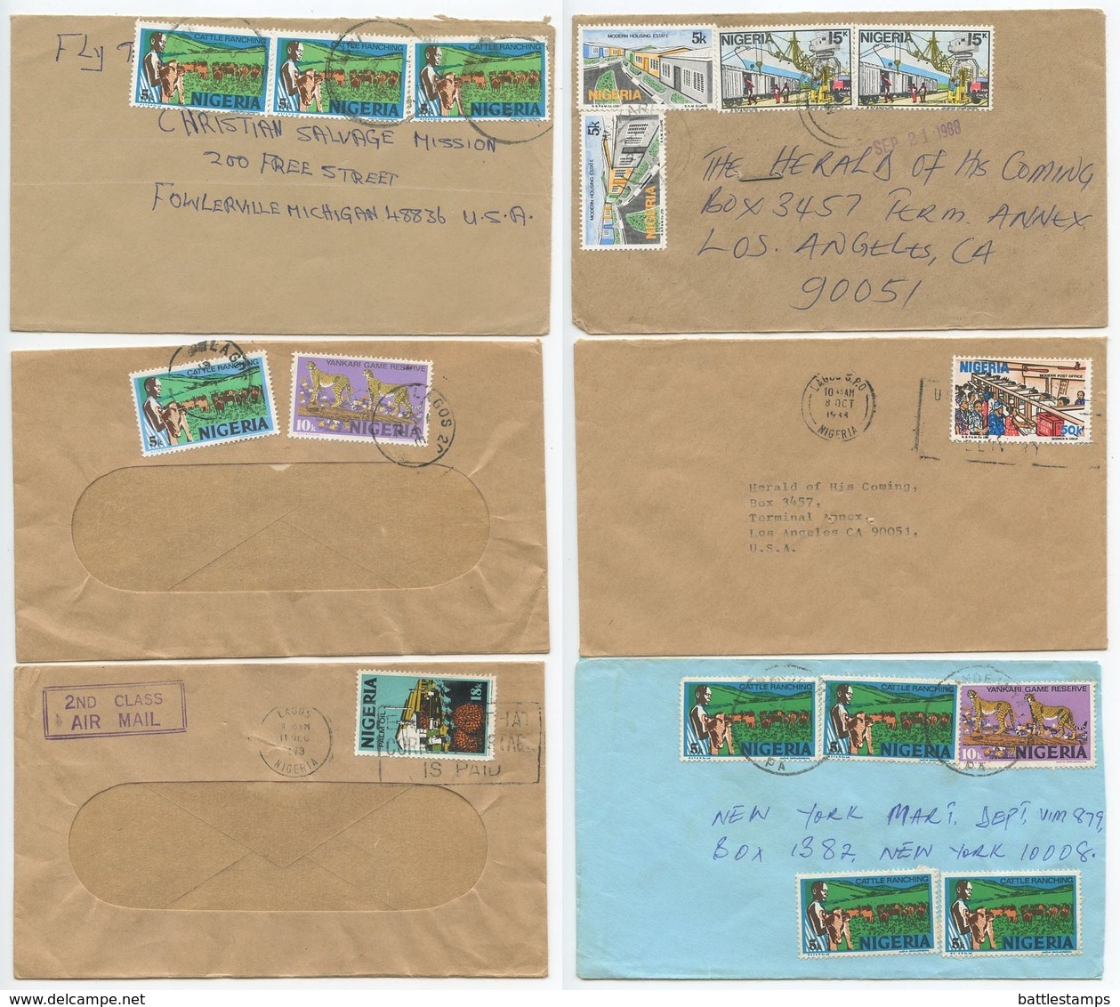 Nigeria 1970‘s-80‘s 6 Covers To U.S., Mix Of Stamps & Postmarks - Nigeria (1961-...)