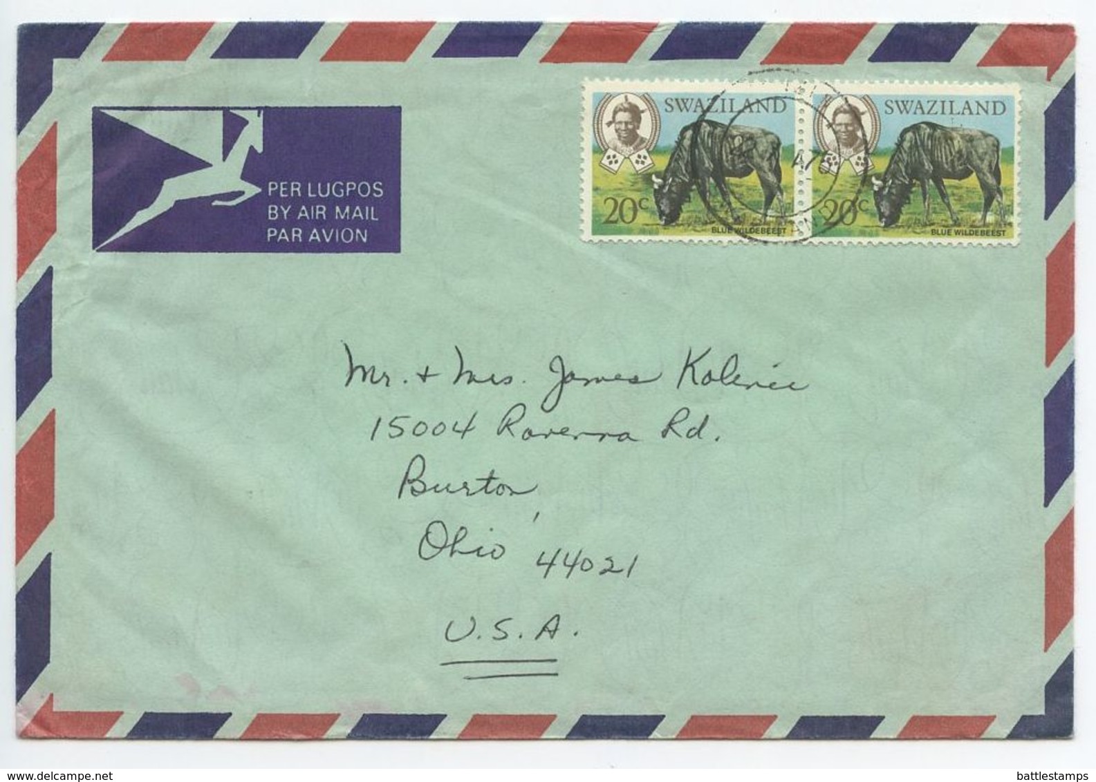 Swaziland 1975 Airmail Cover Manzini To Burton Ohio, Scott 170 Blue Wildebeest - Swaziland (1968-...)