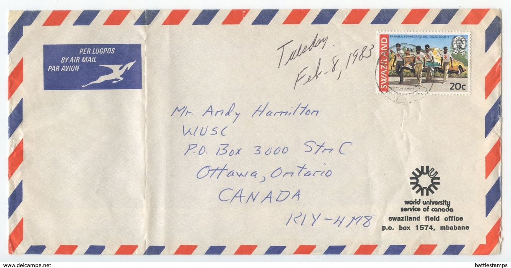 Swaziland 1983 Airmail Cover Mbabane To Ottawa Canada, Scott 415 Red Cross - Swaziland (1968-...)