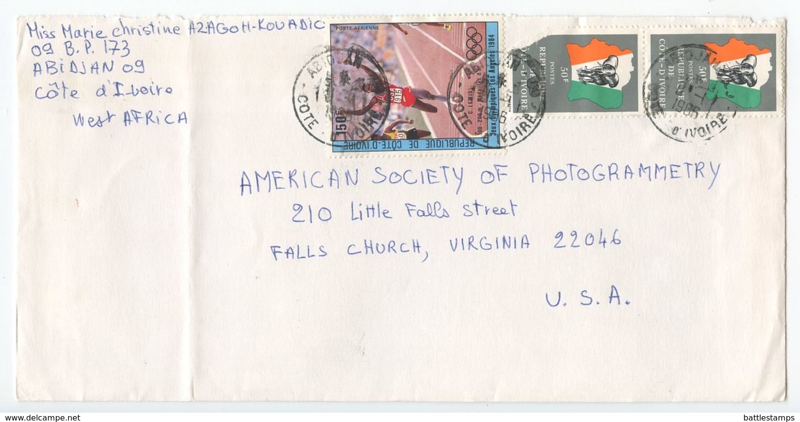 Ivory Coast 1986 Cover Abidjan To Falls Church VA, Scott 666 Elephant & C87 Olympics - Ivory Coast (1960-...)