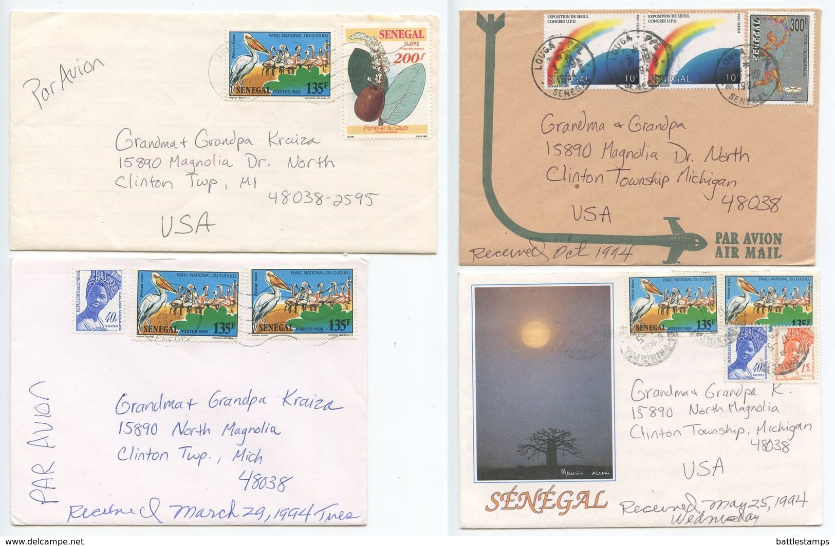 Senegal 1994 4 Airmail Covers Thies & Louga To U.S., Mix Of Stamps - Senegal (1960-...)