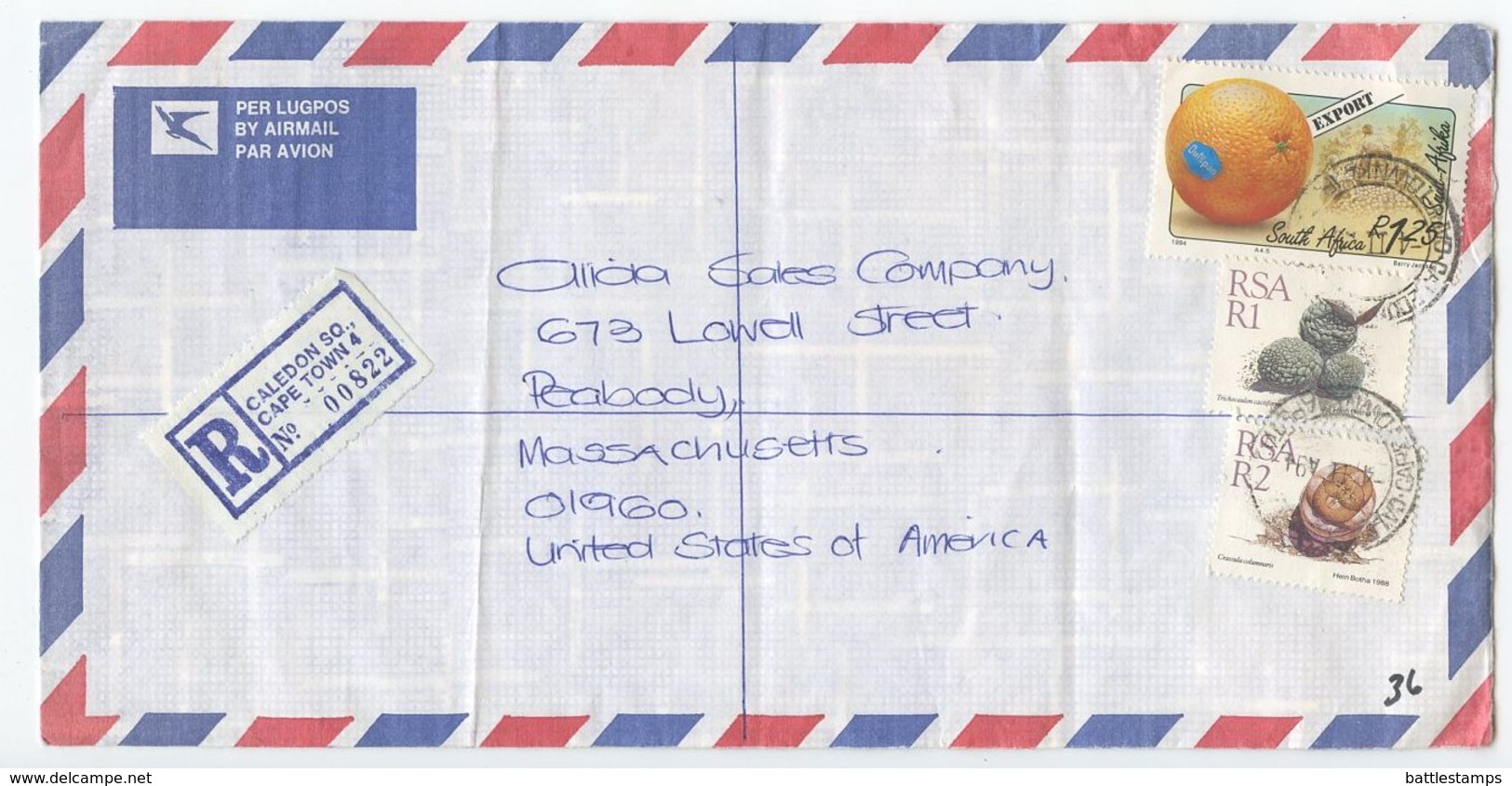 South Africa 1994 Registered Airmail Cover Caledon Square, Cape Town To Peabody MA - Covers & Documents